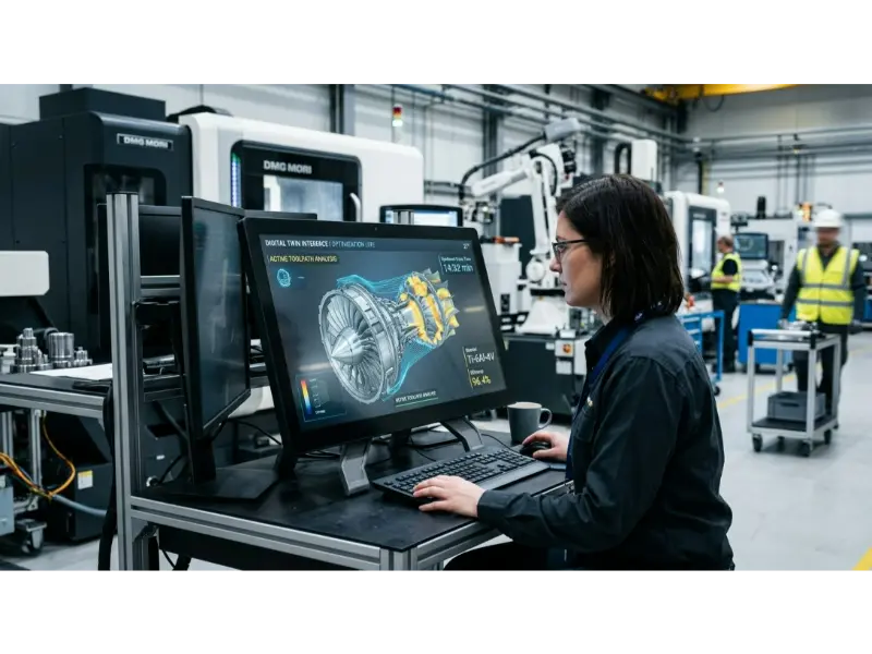 Digital twin interface showing a 3D model of a carved part with AI toolpath optimization overlays in a modern factory environment