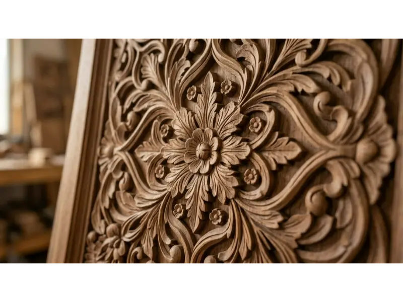 Close-up of a precision CNC carved wooden architectural panel with intricate floral patterns and smooth finish