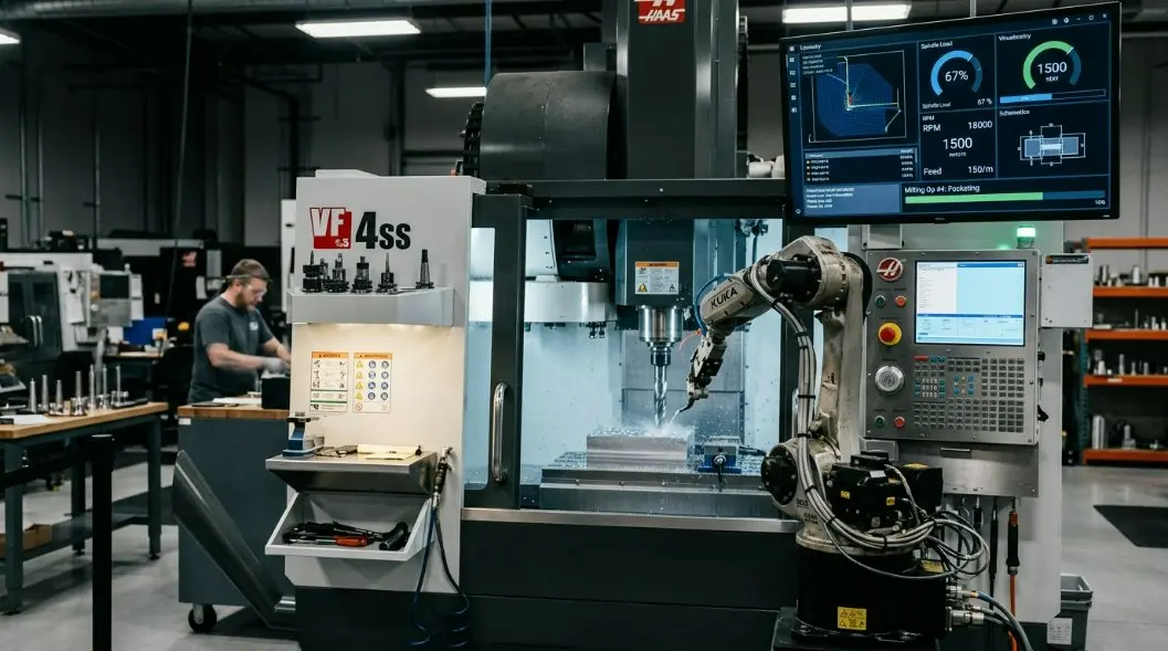 High-tech CNC milling machine in a modern American manufacturing facility with robotic arms and digital displays.