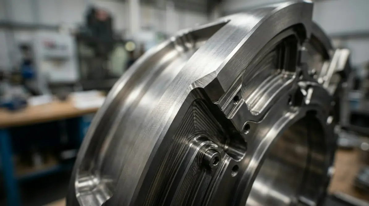 Close-up of a precision engineered metal component with tight tolerances and complex geometry.