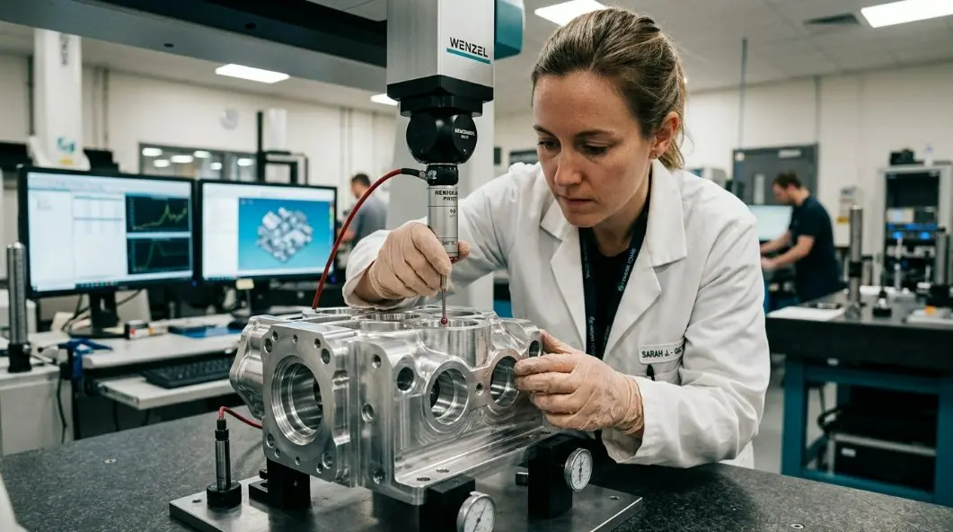 An engineer inspecting a machined part with a CMM probe in a quality control laboratory.