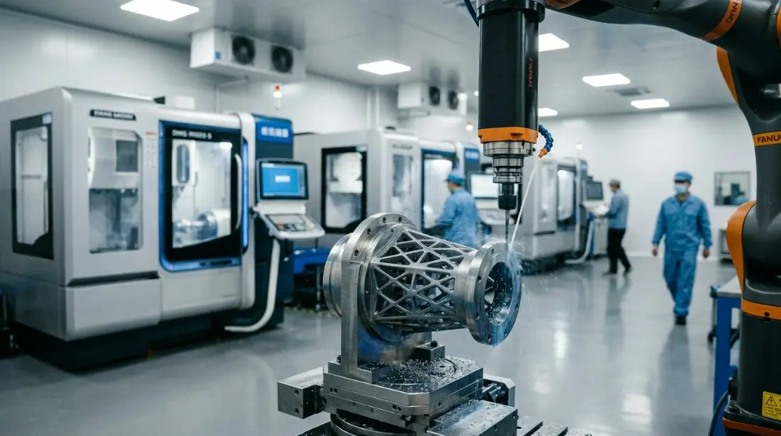 A high-tech CNC machining facility in China with robotic arms and advanced milling machines, clean-room environment, showing precise metal components.
