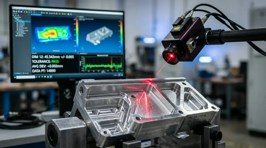 Macro view of a CNC machined aluminum part being measured by an automated laser inspection tool with a digital display showing high precision data.