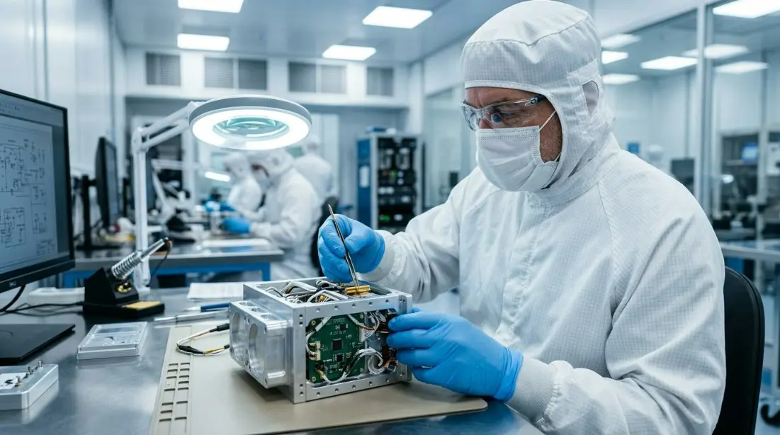 Technician in a clean suit assembling a complex mechanical device featuring high-precision CNC housings and integrated electronics.