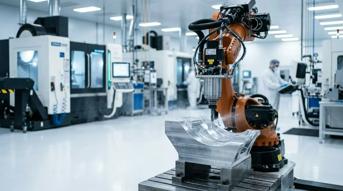 A high-tech CNC machining facility floor with robotic arms processing aerospace grade aluminum parts in a cleanroom environment.