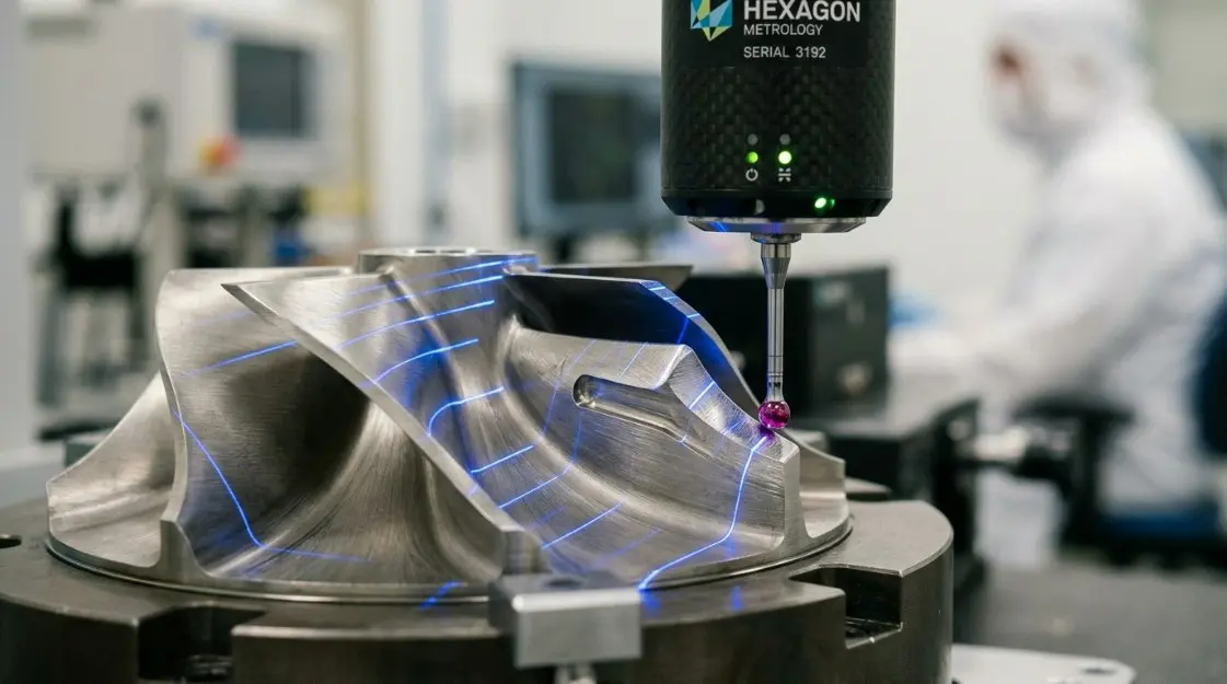 A close-up of an AI-driven CMM inspection arm measuring a complex aerospace turbine component with laser precision lines visible.
