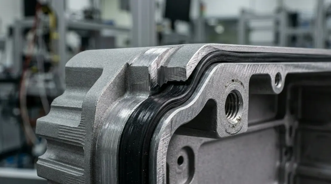 Diagram of a waterproof aerospace enclosure showing IP68 sealing layers and CNC machined grooves for industrial gaskets.