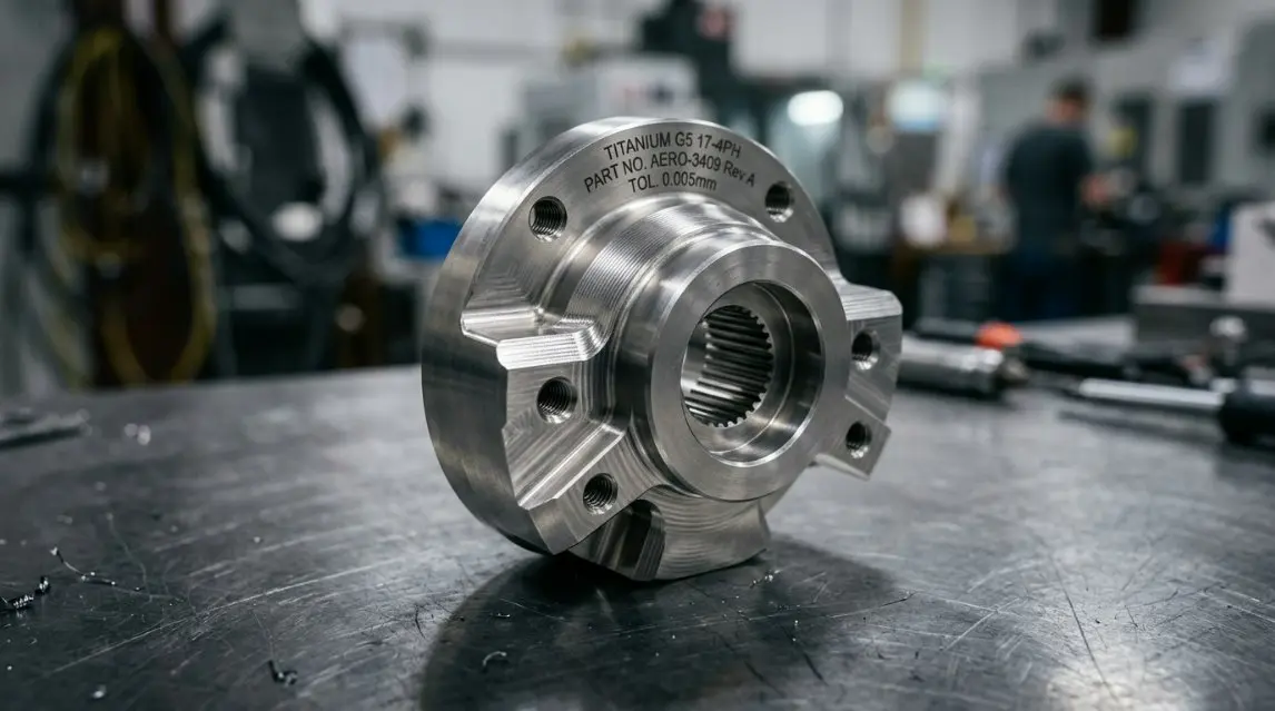 Macro shot of a titanium aerospace component with extremely tight tolerances and a smooth machined finish.