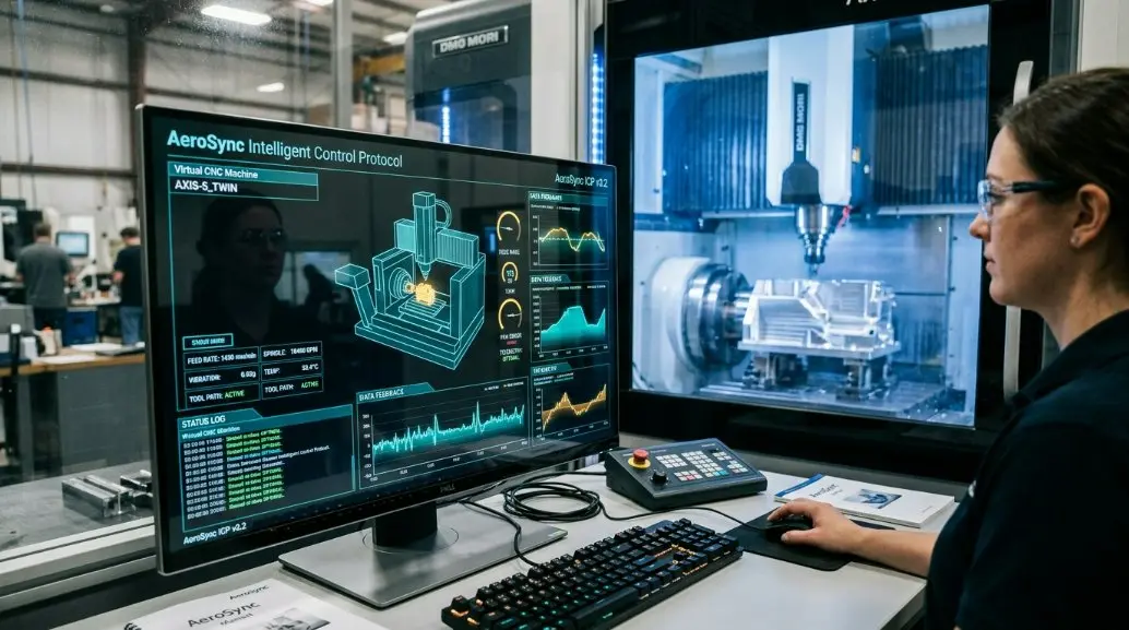 Schematic diagram or digital representation of the AeroSync Intelligent Control Protocol showing real-time data feedback loops between a CNC machine and a digital monitoring system.