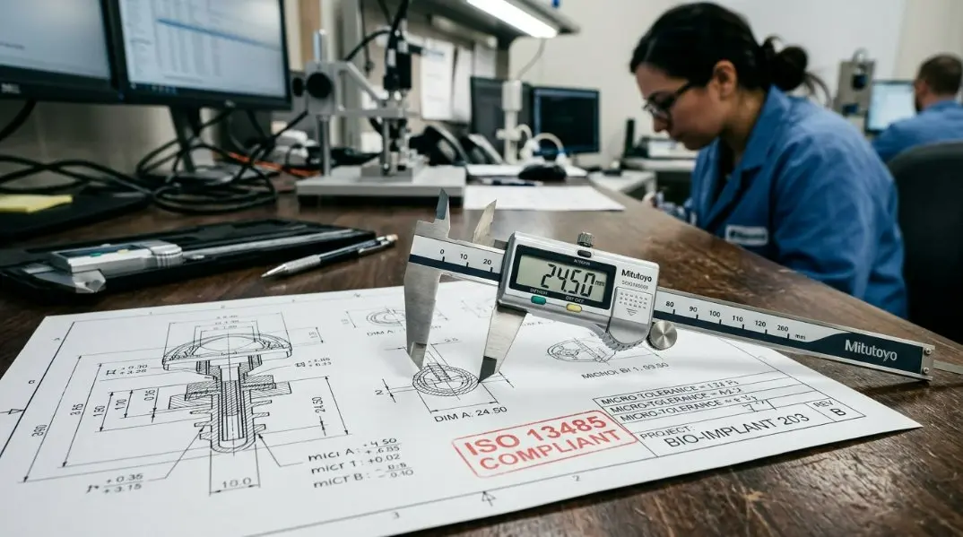 A detailed engineering blueprint displaying cross-sectional dimensions, tolerance notations, and compliance stamps (ISO 13485) next to an illuminated electronic caliper measurement.