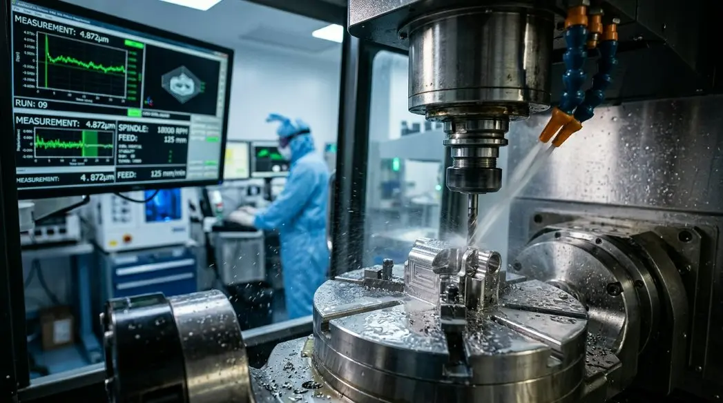 A high-tech manufacturing cleanroom showcasing precise CNC machining of micro-sized medical fittings, with diagnostic screens displaying sub-micron quality control charts.